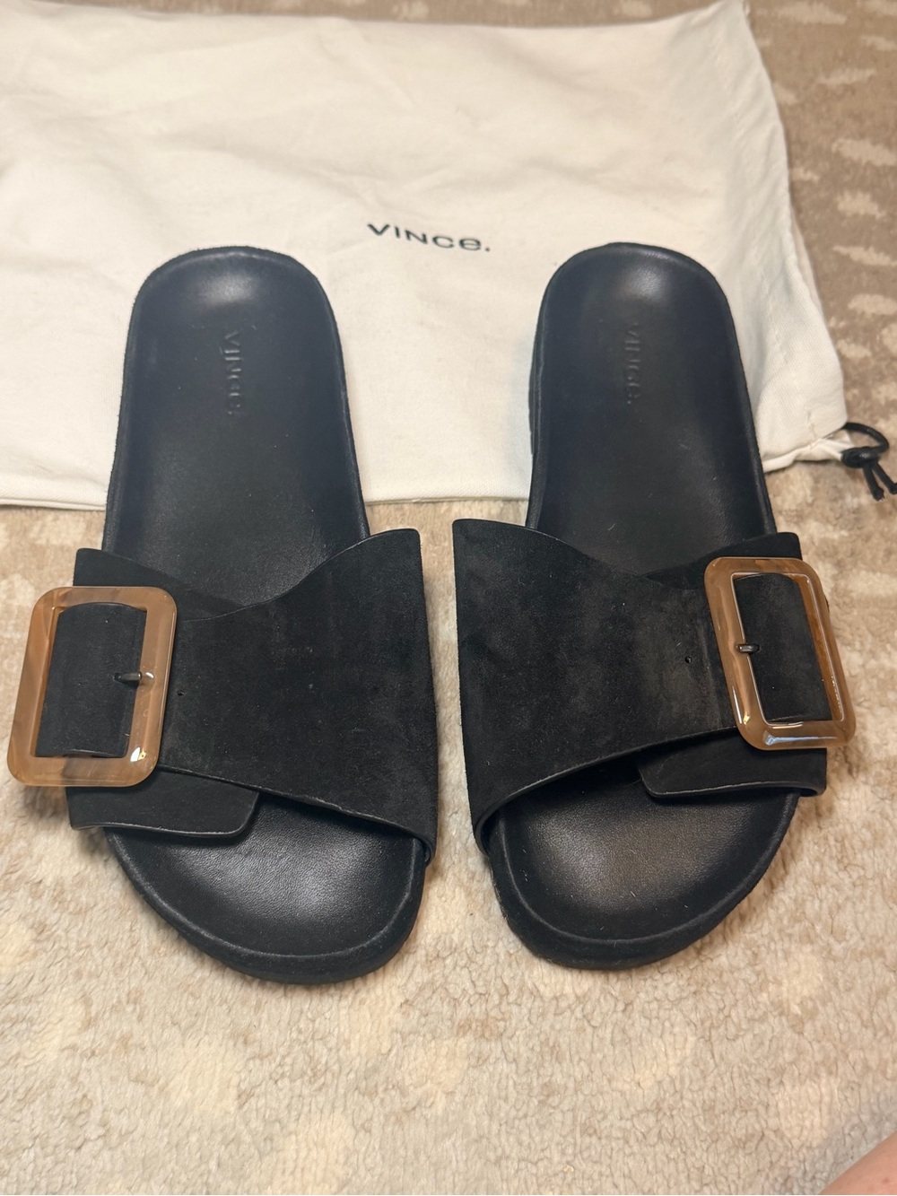 Vince Black Suede Slide Sandals with Tortoiseshell Buckles